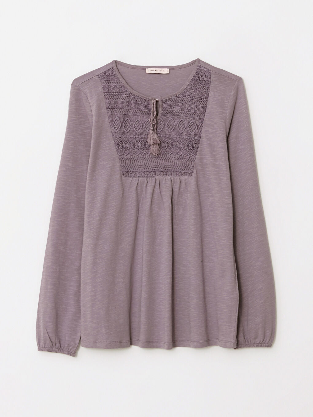 Lila Bağlamalı Yaka Nakışlı Uzun Kollu Kadın Bluz-5