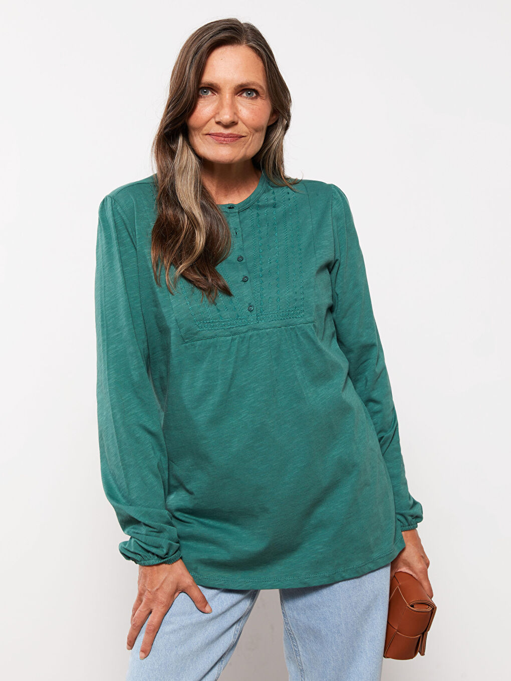 Yeşil Bisiklet Yaka Nakışlı Uzun Kollu Pamuklu Kadın Bluz