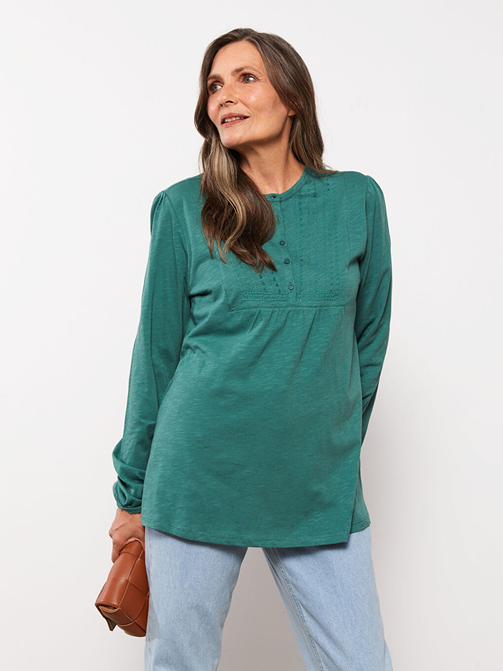 Yeşil Bisiklet Yaka Nakışlı Uzun Kollu Pamuklu Kadın Bluz-2