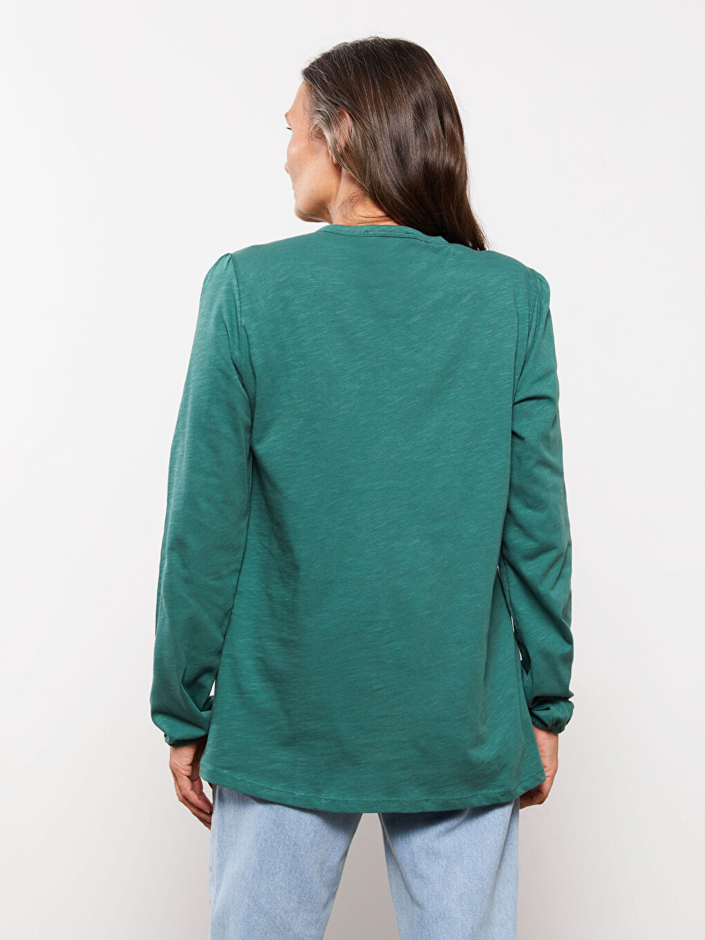 Yeşil Bisiklet Yaka Nakışlı Uzun Kollu Pamuklu Kadın Bluz-4