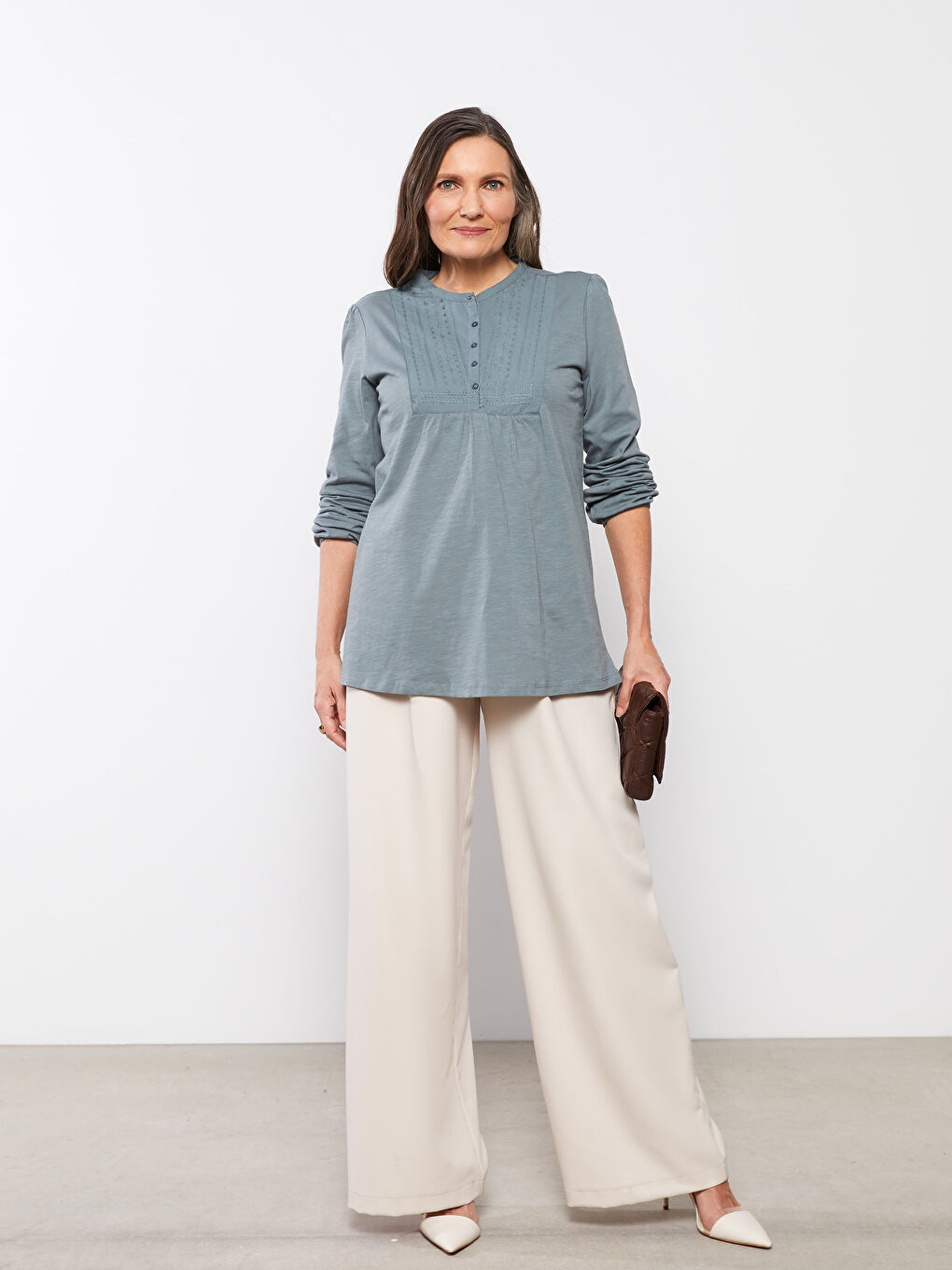 LCW Grace Rundhalsausschnitt Bestickte Langarm Baumwolle Bluse für Damen -S25935Z8-H1Y