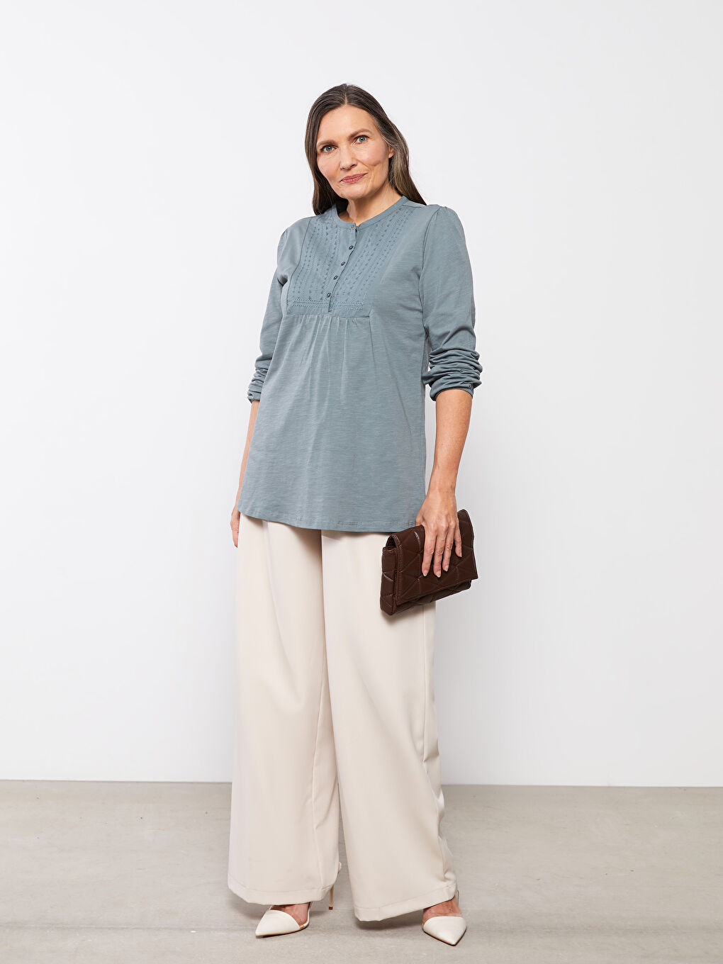LCW Grace Rundhalsausschnitt Bestickte Langarm Baumwolle Bluse für Damen -S25935Z8-H1Y