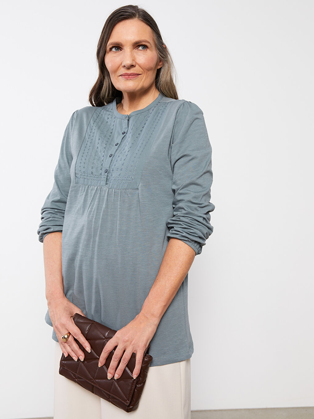 LCW Grace Rundhalsausschnitt Bestickte Langarm Baumwolle Bluse für Damen -S25935Z8-H1Y