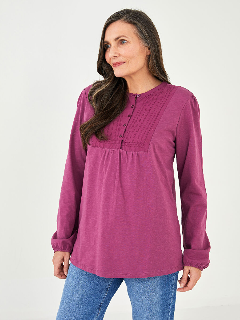 Mürdüm Bisiklet Yaka Nakışlı Uzun Kollu Pamuklu Kadın Bluz-1