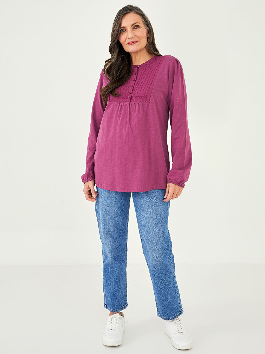 Mürdüm Bisiklet Yaka Nakışlı Uzun Kollu Pamuklu Kadın Bluz-2