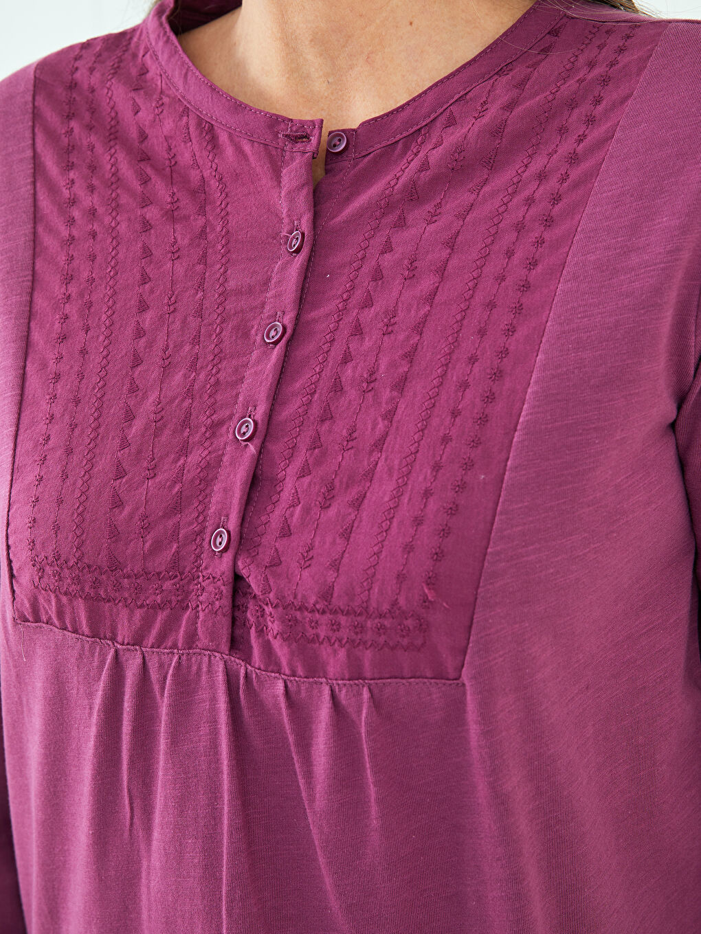 Mürdüm Bisiklet Yaka Nakışlı Uzun Kollu Pamuklu Kadın Bluz-3