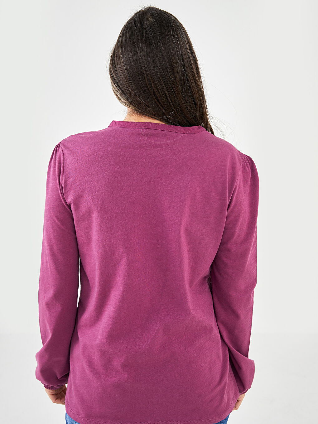 Mürdüm Bisiklet Yaka Nakışlı Uzun Kollu Pamuklu Kadın Bluz-4