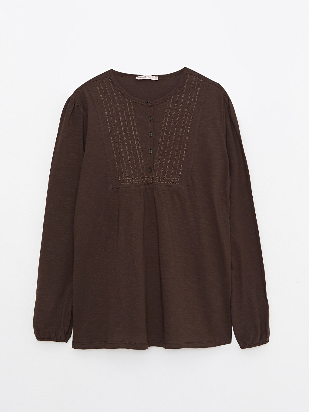 Kahverengi Bisiklet Yaka Nakışlı Uzun Kollu Pamuklu Kadın Bluz-4