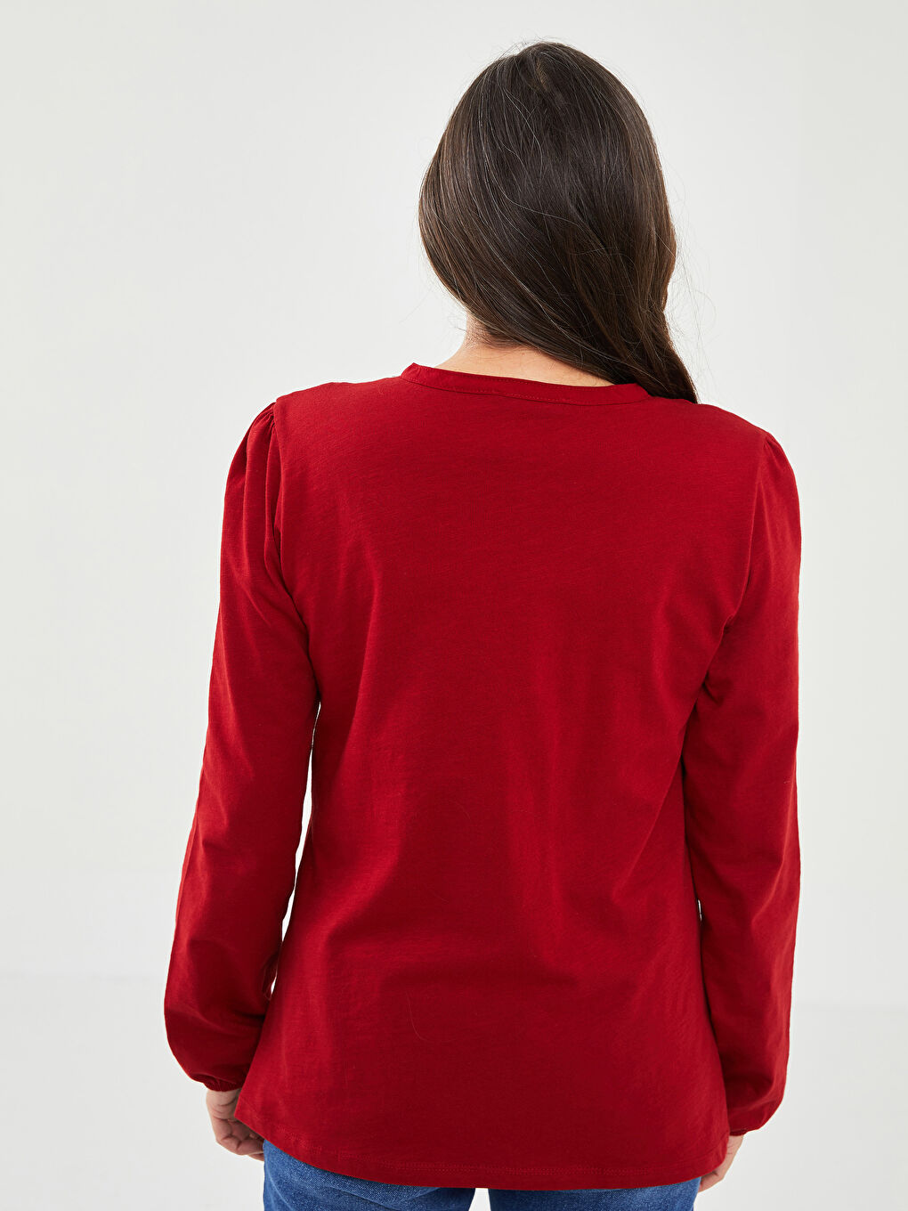 Kırmızı Bisiklet Yaka Nakışlı Uzun Kollu Pamuklu Kadın Bluz-5