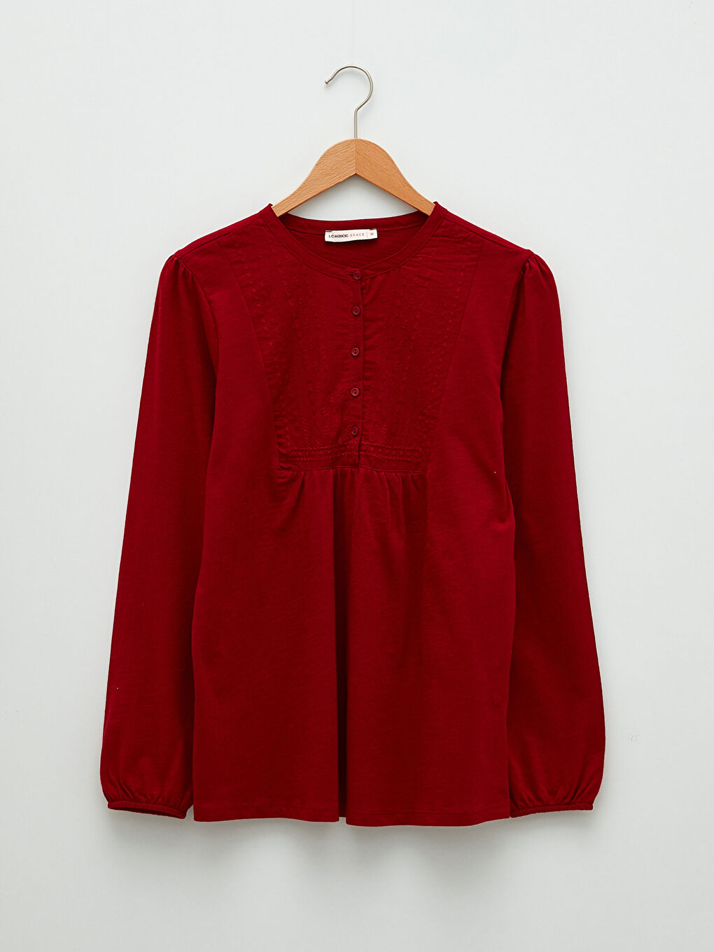 Kırmızı Bisiklet Yaka Nakışlı Uzun Kollu Pamuklu Kadın Bluz-6