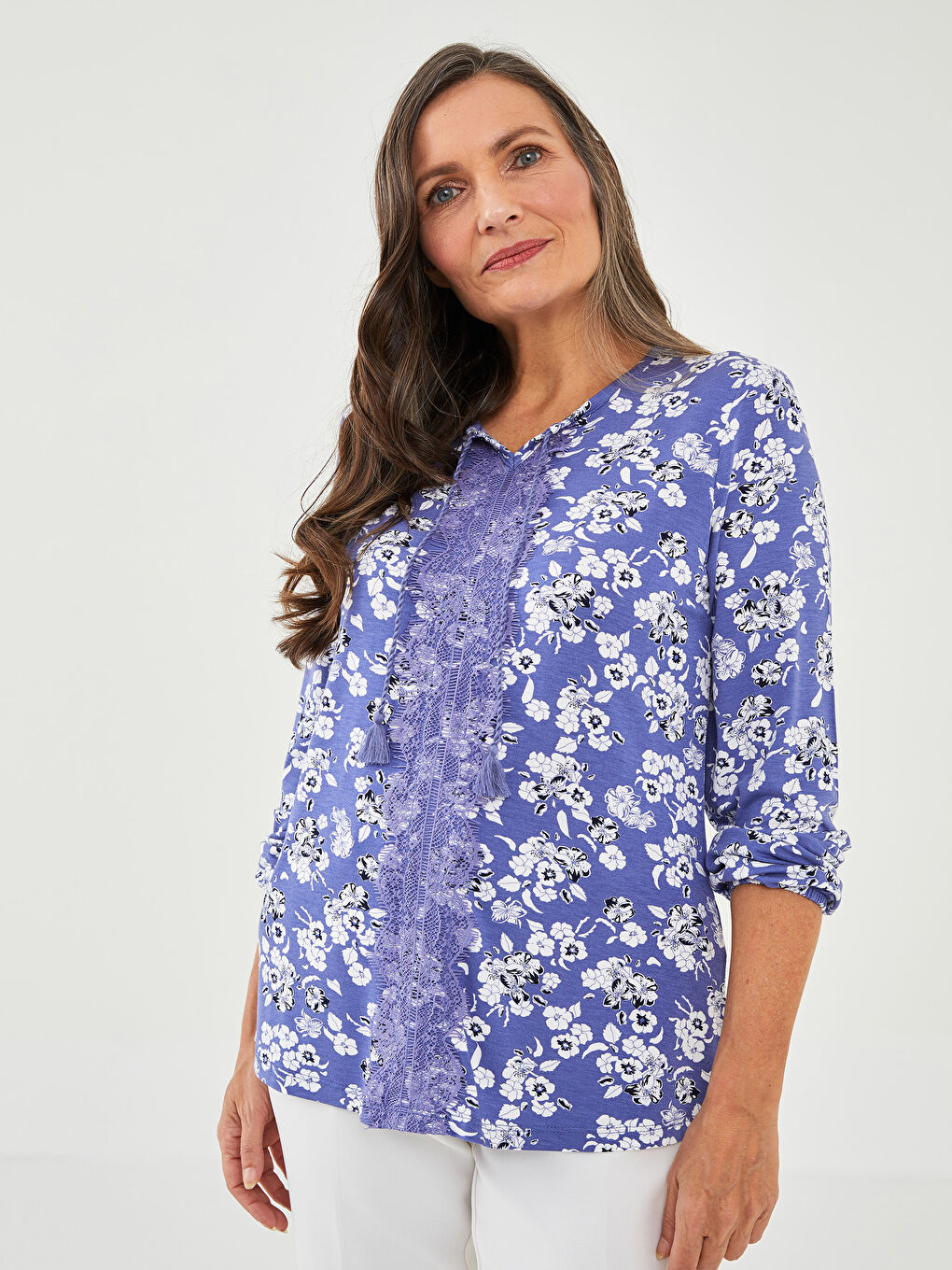 Tie Neck Floral Long Sleeve Women's Blouse-2