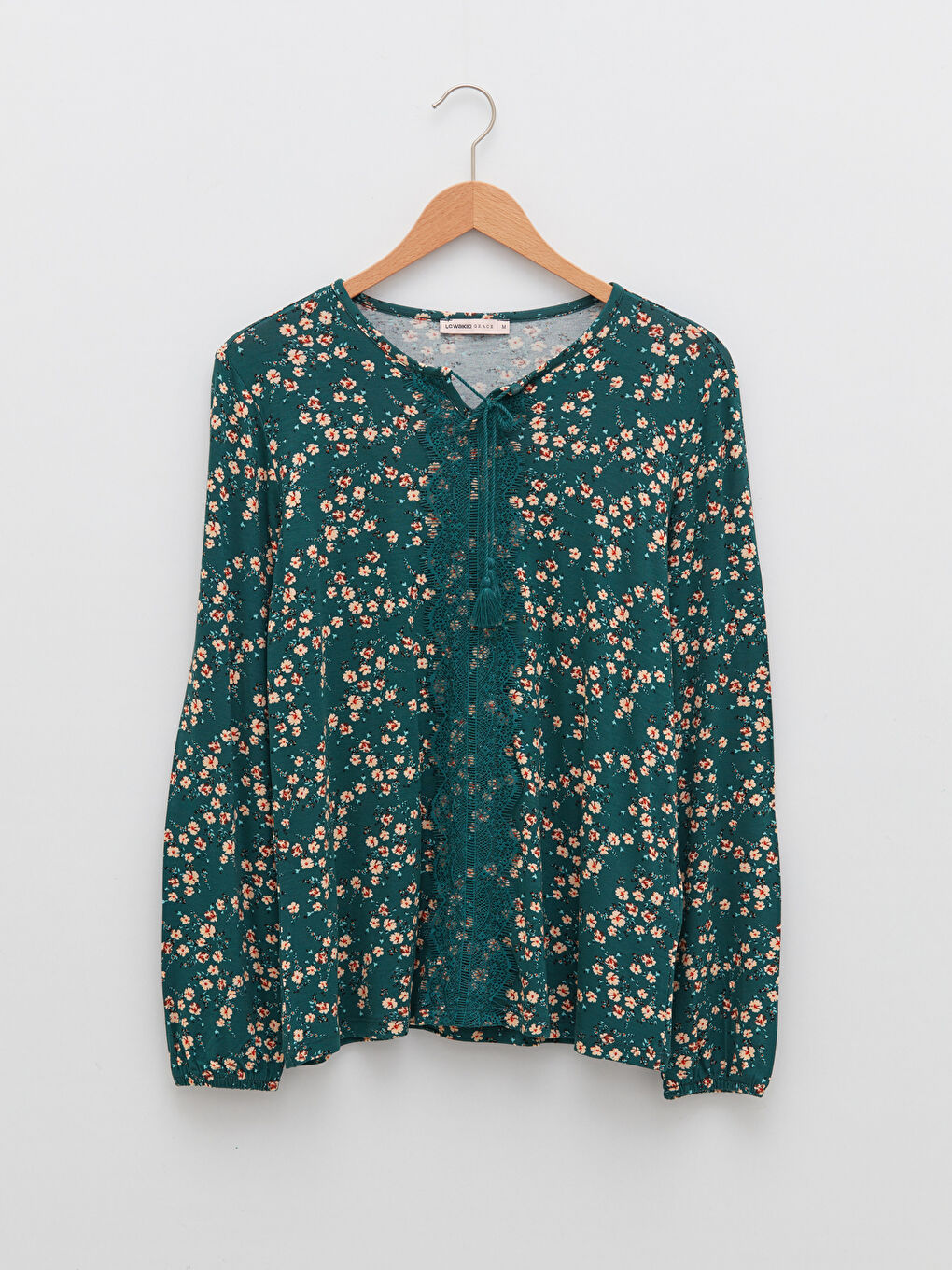 Yeşil Bağlamalı Yaka Çiçekli Uzun Kollu Kadın Bluz-5