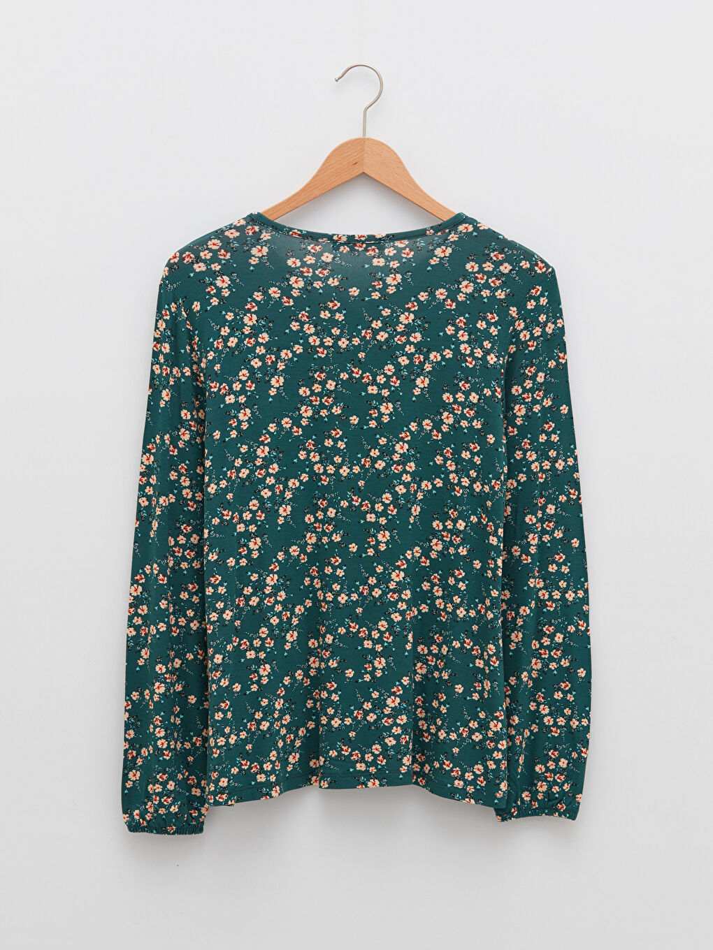 Yeşil Bağlamalı Yaka Çiçekli Uzun Kollu Kadın Bluz-6