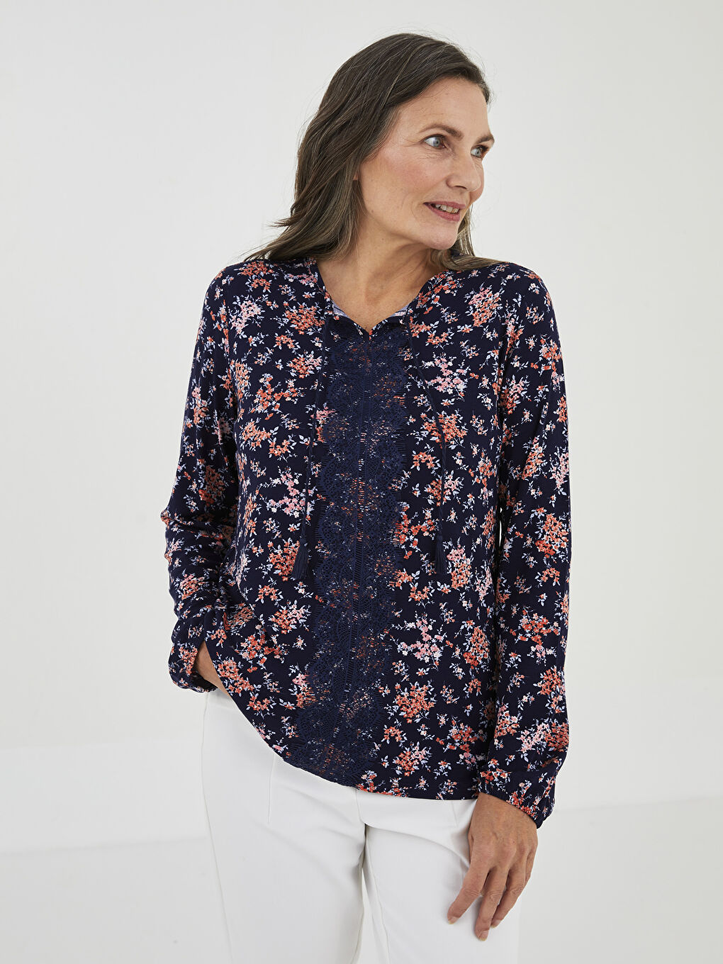 Tie Neck Floral Long Sleeve Women's Blouse