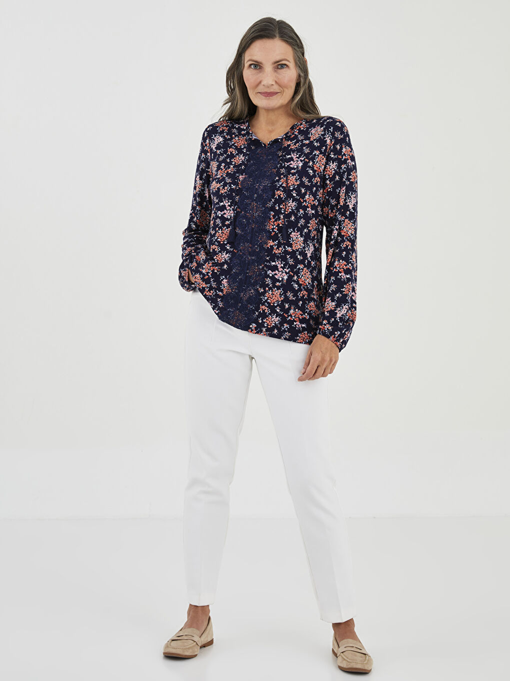 Tie Neck Floral Long Sleeve Women's Blouse-2