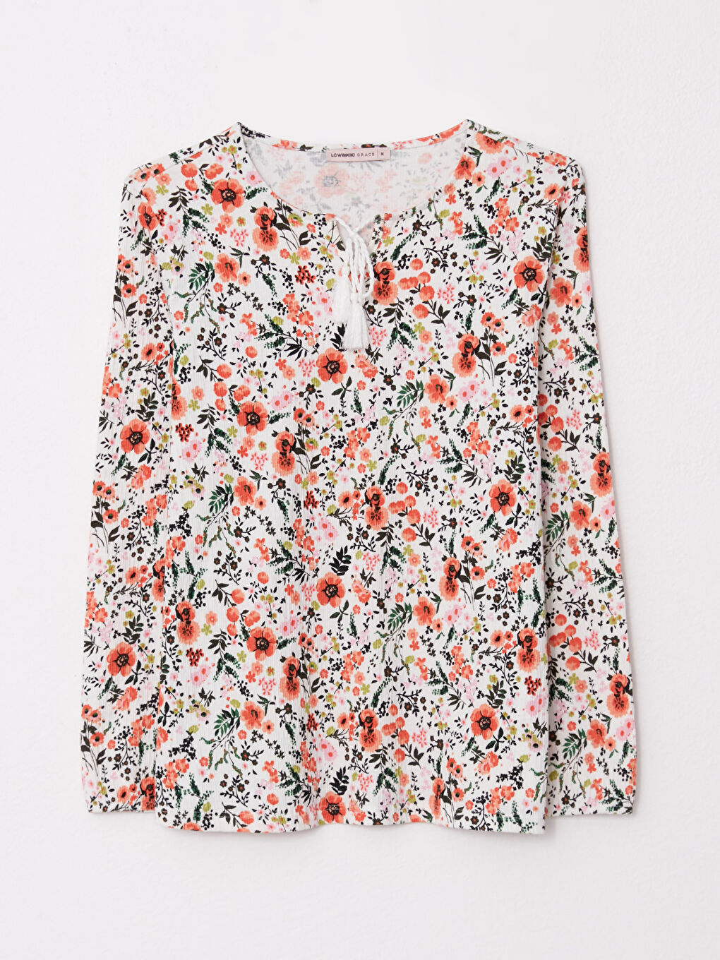 Turuncu Bağlamalı Yaka Çiçekli Uzun Kollu Kadın Bluz-5