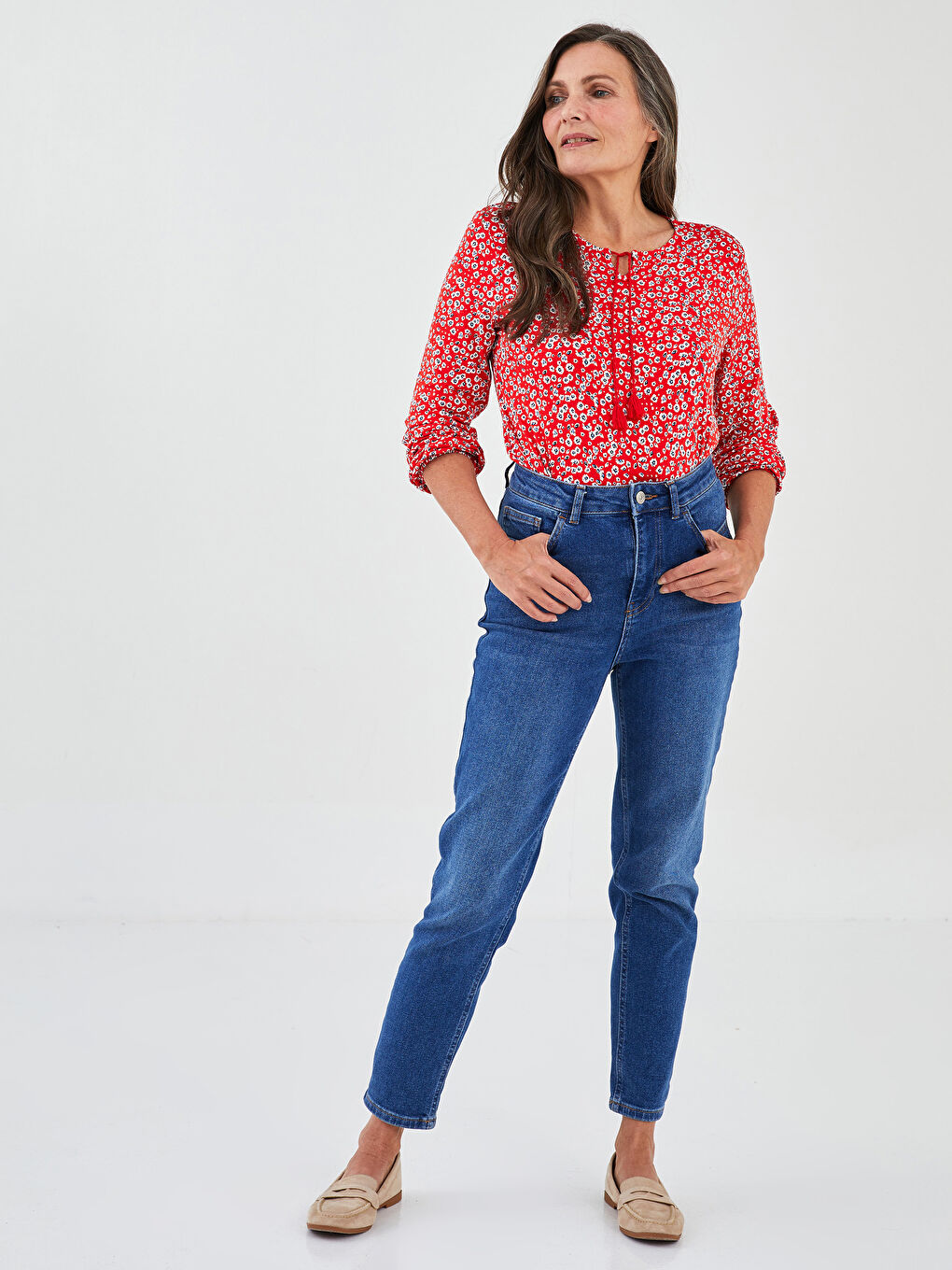 Tie Neck Patterned Long Sleeve Women's Blouse-3