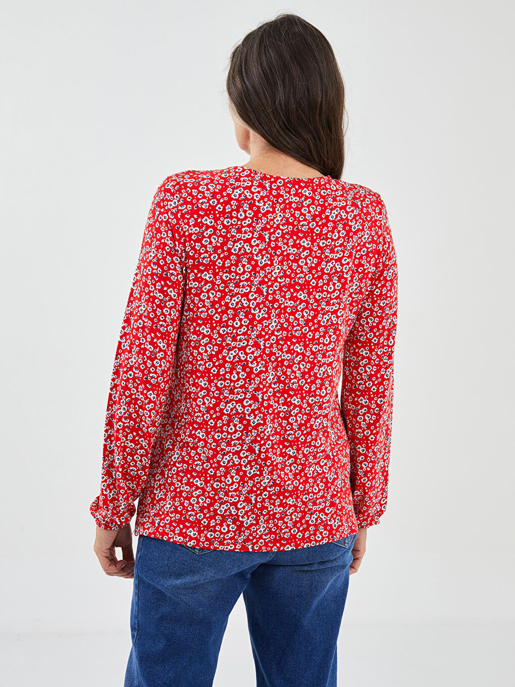 Tie Neck Patterned Long Sleeve Women's Blouse-4