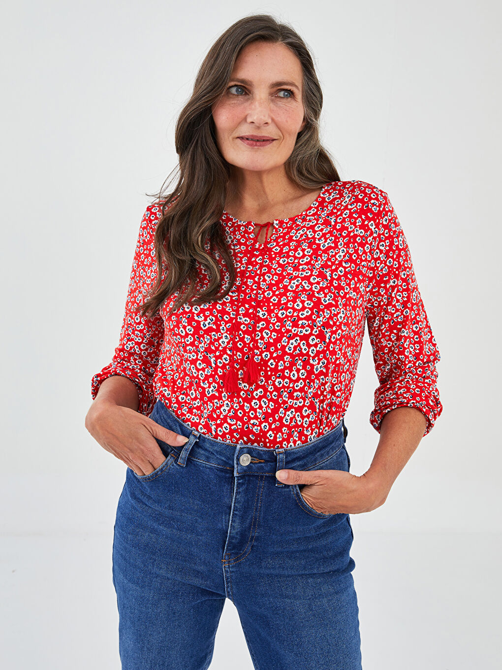 Tie Neck Patterned Long Sleeve Women's Blouse