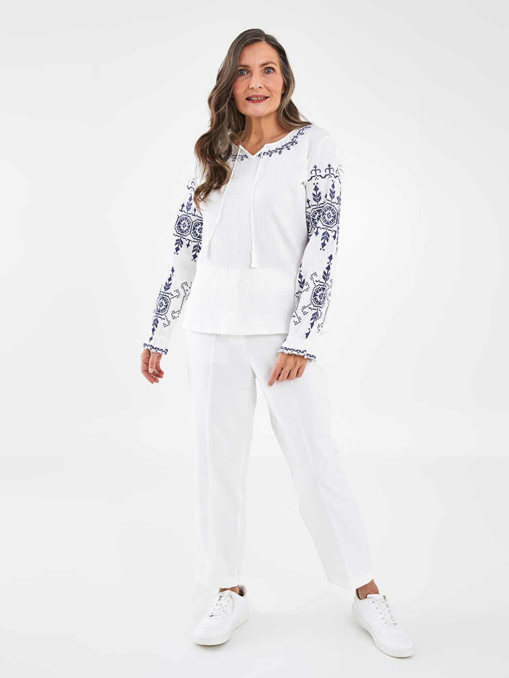 LCW Grace Tie Neck Embroidered Long Sleeve Women's Blouse -S25939Z8-EEW