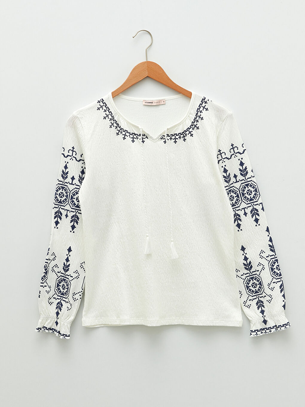 LCW Grace Tie Neck Embroidered Long Sleeve Women's Blouse -S25939Z8-EEW
