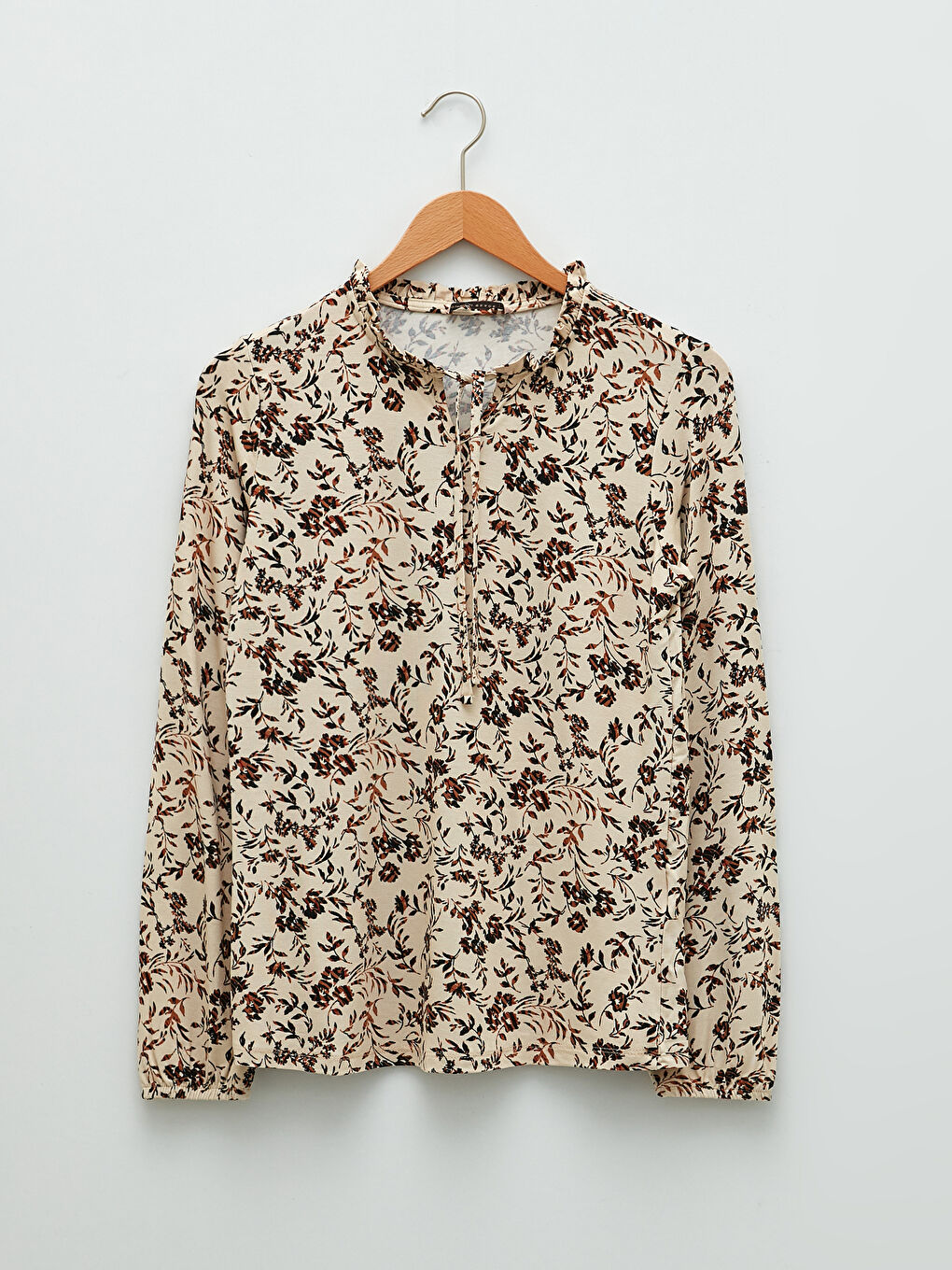 Frilly Tie Collar Floral Long Sleeve Women's Blouse-4