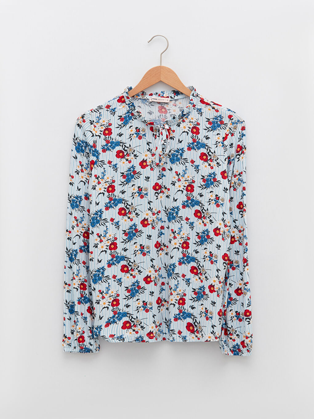 Mavi Fırfırlı Bağlamalı Yaka Çiçekli Uzun Kollu Kadın Bluz-5