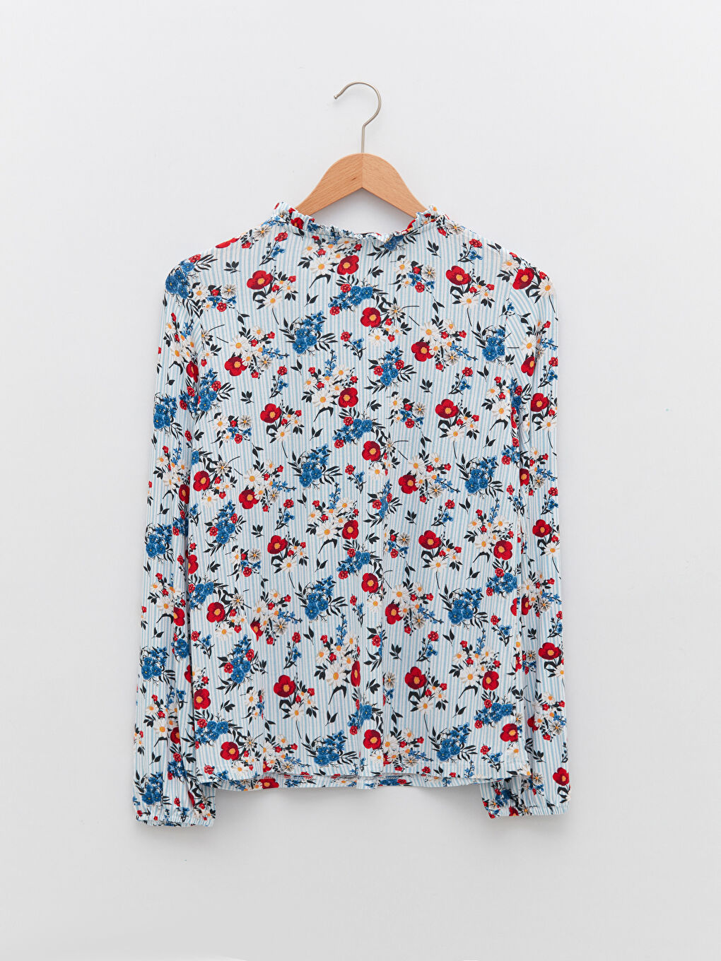 Mavi Fırfırlı Bağlamalı Yaka Çiçekli Uzun Kollu Kadın Bluz-6