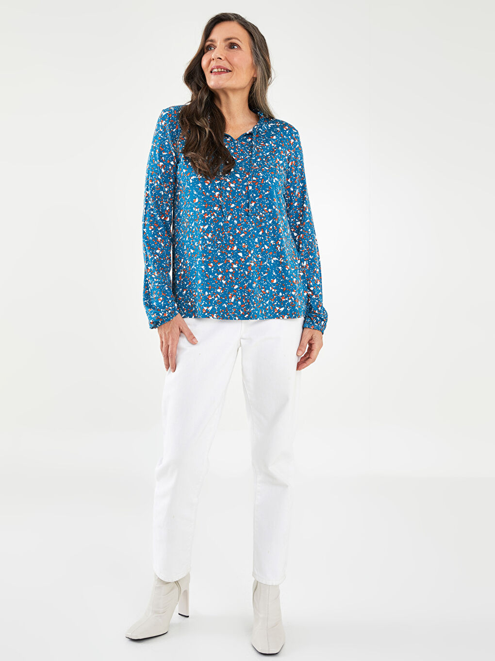 Petrol Fırfırlı Bağlamalı Yaka Desenli Uzun Kollu Kadın Bluz