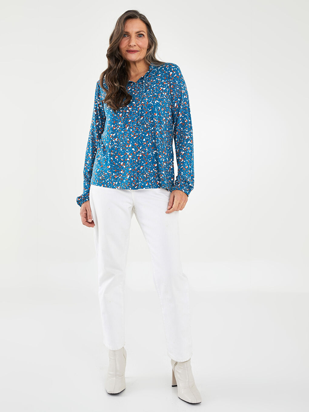 Petrol Fırfırlı Bağlamalı Yaka Desenli Uzun Kollu Kadın Bluz-1