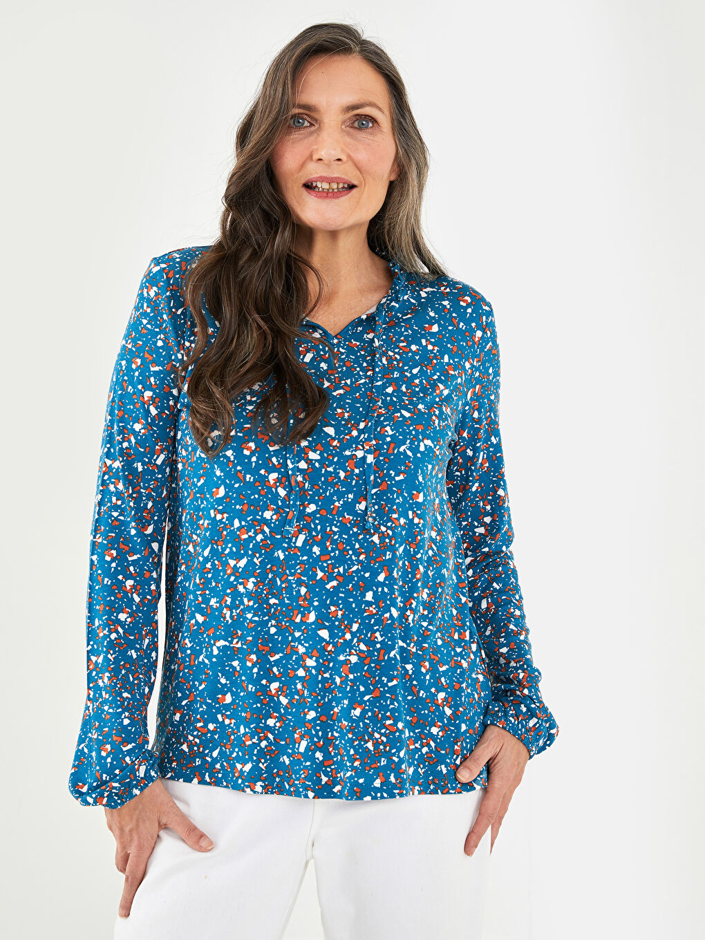 Petrol Fırfırlı Bağlamalı Yaka Desenli Uzun Kollu Kadın Bluz-2