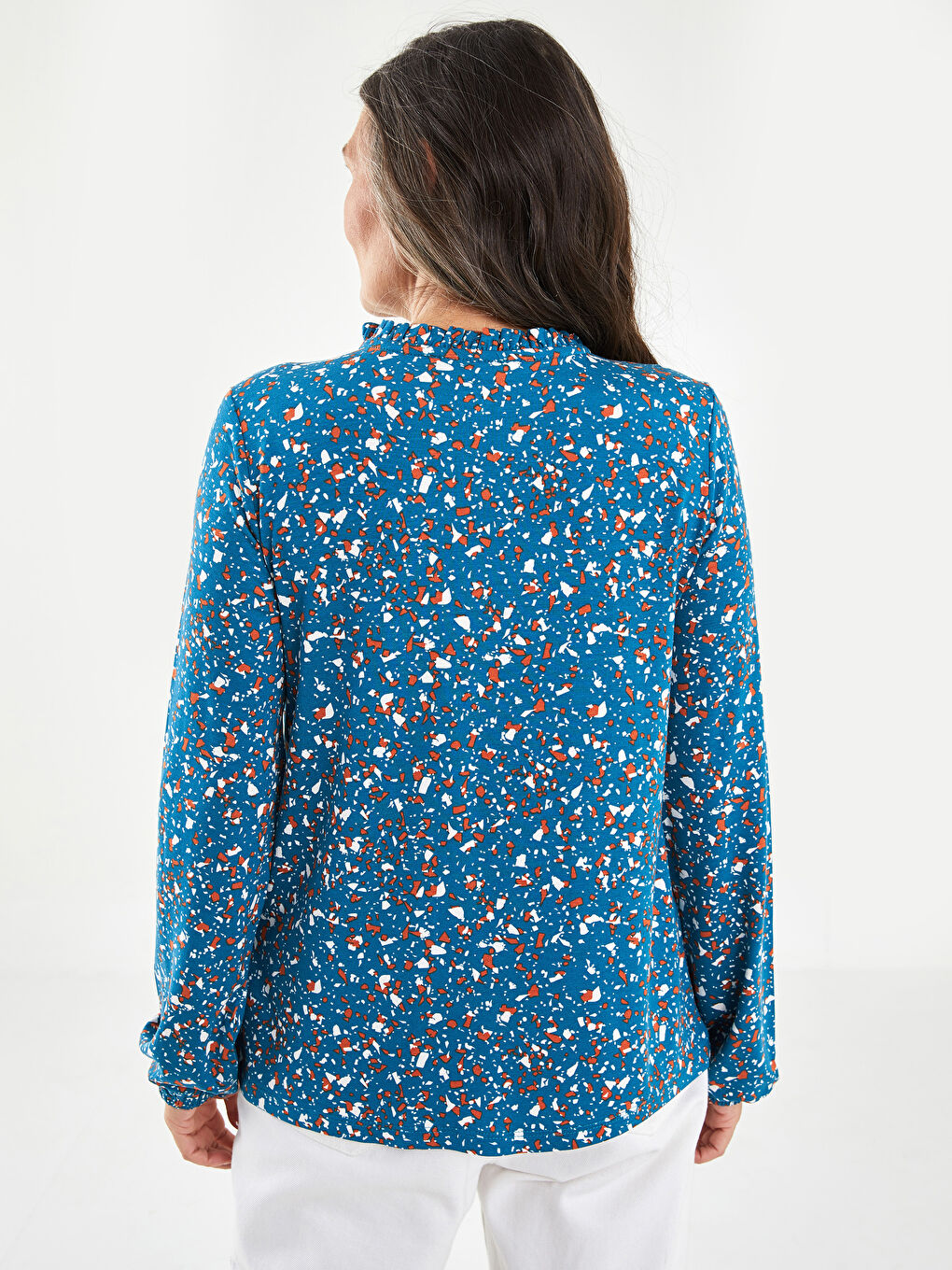 Petrol Fırfırlı Bağlamalı Yaka Desenli Uzun Kollu Kadın Bluz-4