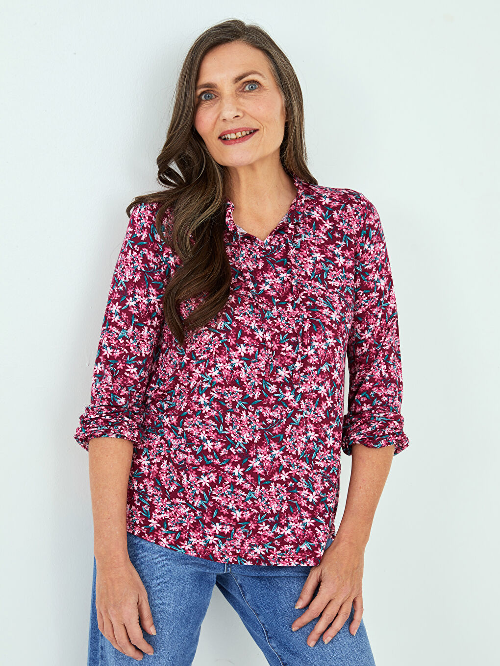 Mürdüm Fırfırlı Bağlamalı Yaka Çiçekli Uzun Kollu Kadın Bluz-1