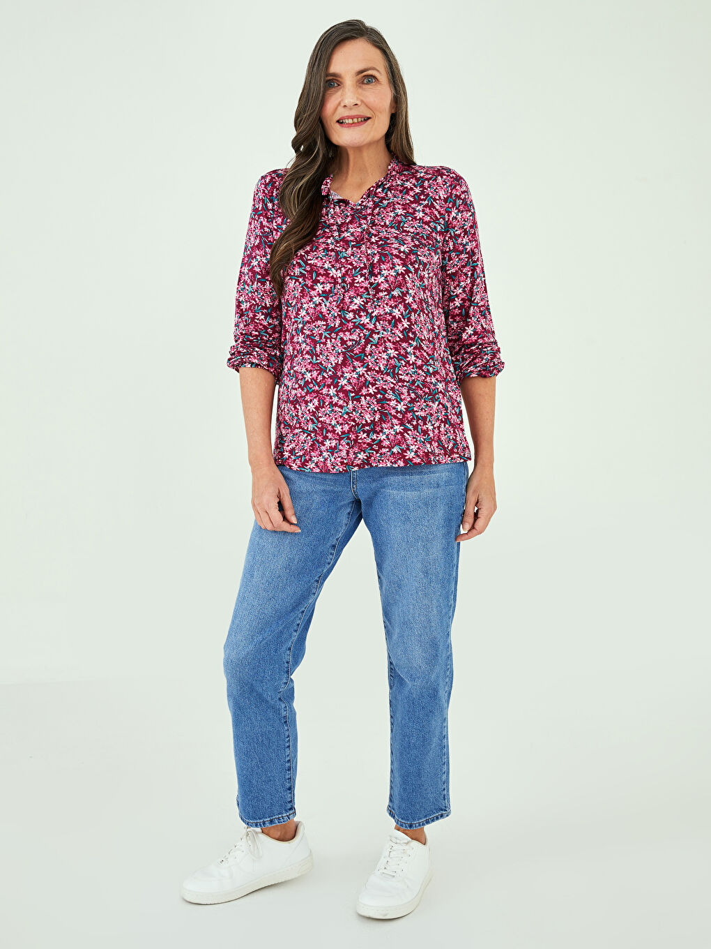 Mürdüm Fırfırlı Bağlamalı Yaka Çiçekli Uzun Kollu Kadın Bluz-2