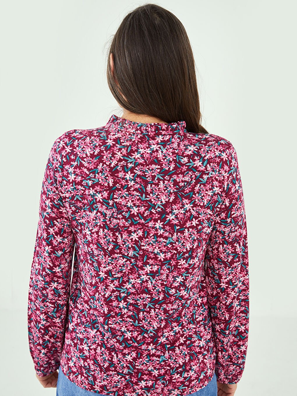 Mürdüm Fırfırlı Bağlamalı Yaka Çiçekli Uzun Kollu Kadın Bluz-4