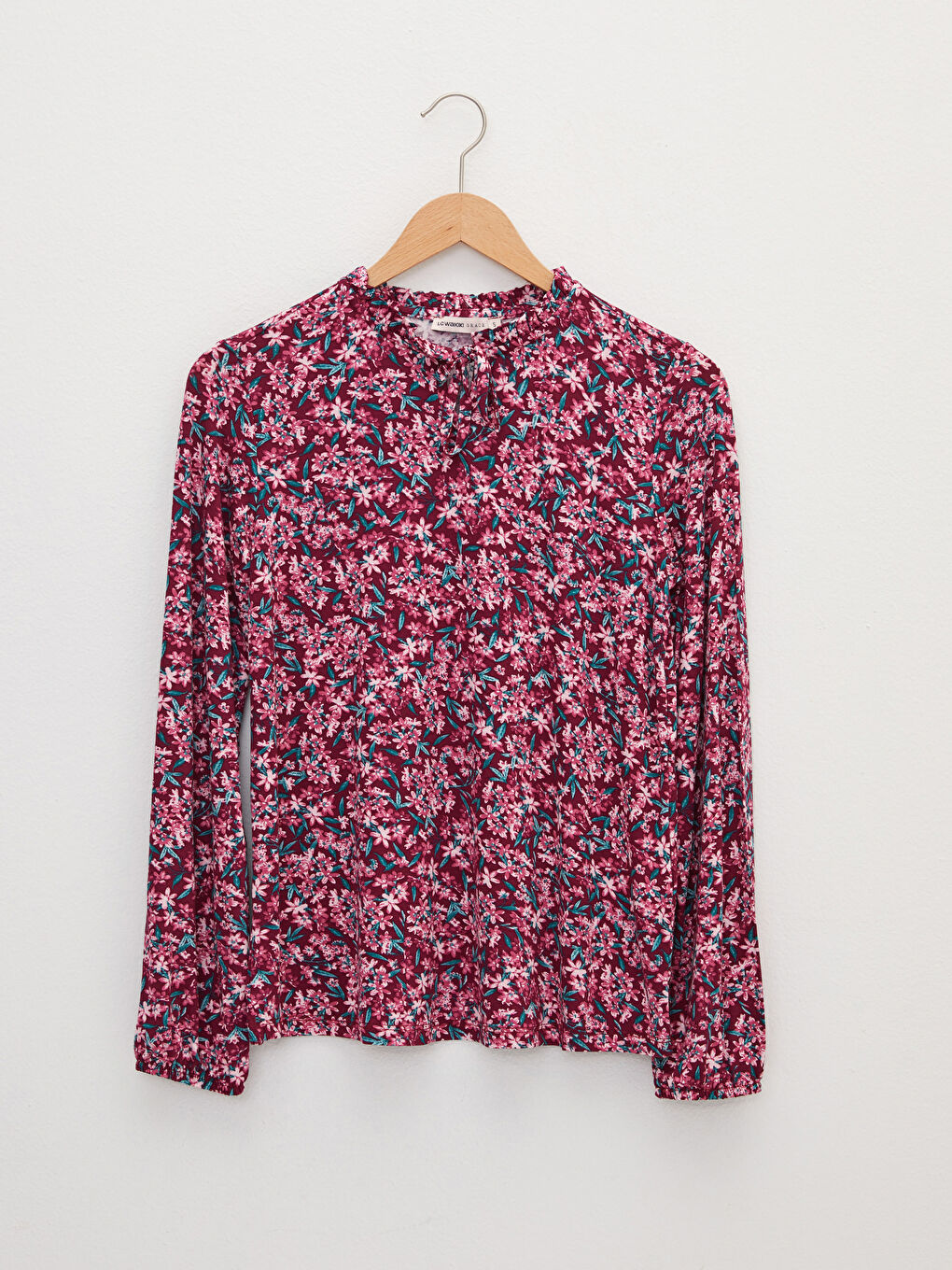 Mürdüm Fırfırlı Bağlamalı Yaka Çiçekli Uzun Kollu Kadın Bluz-5