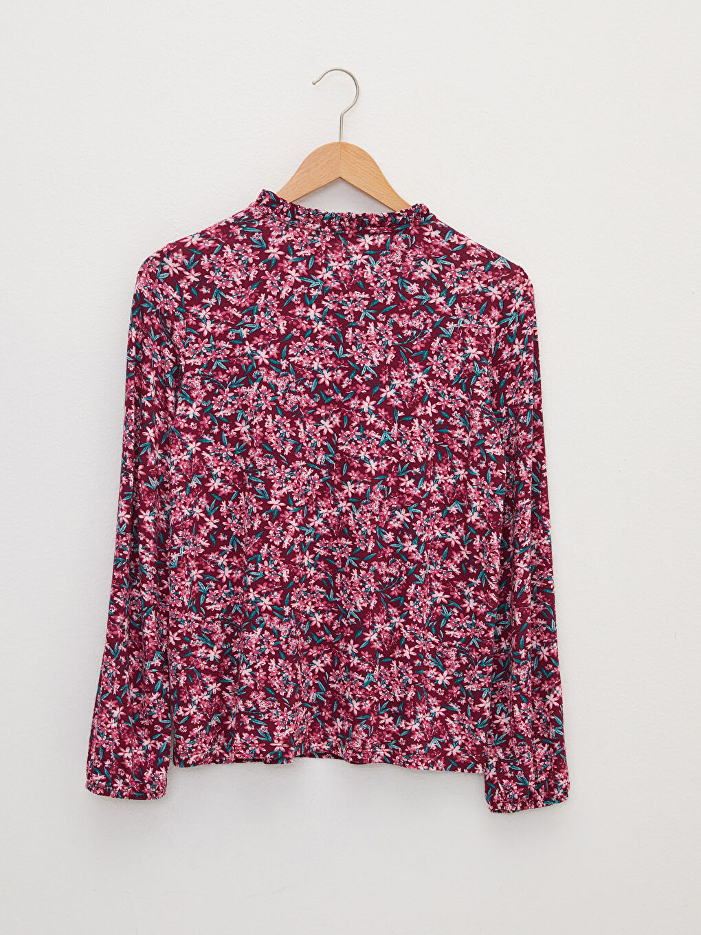 Mürdüm Fırfırlı Bağlamalı Yaka Çiçekli Uzun Kollu Kadın Bluz-7