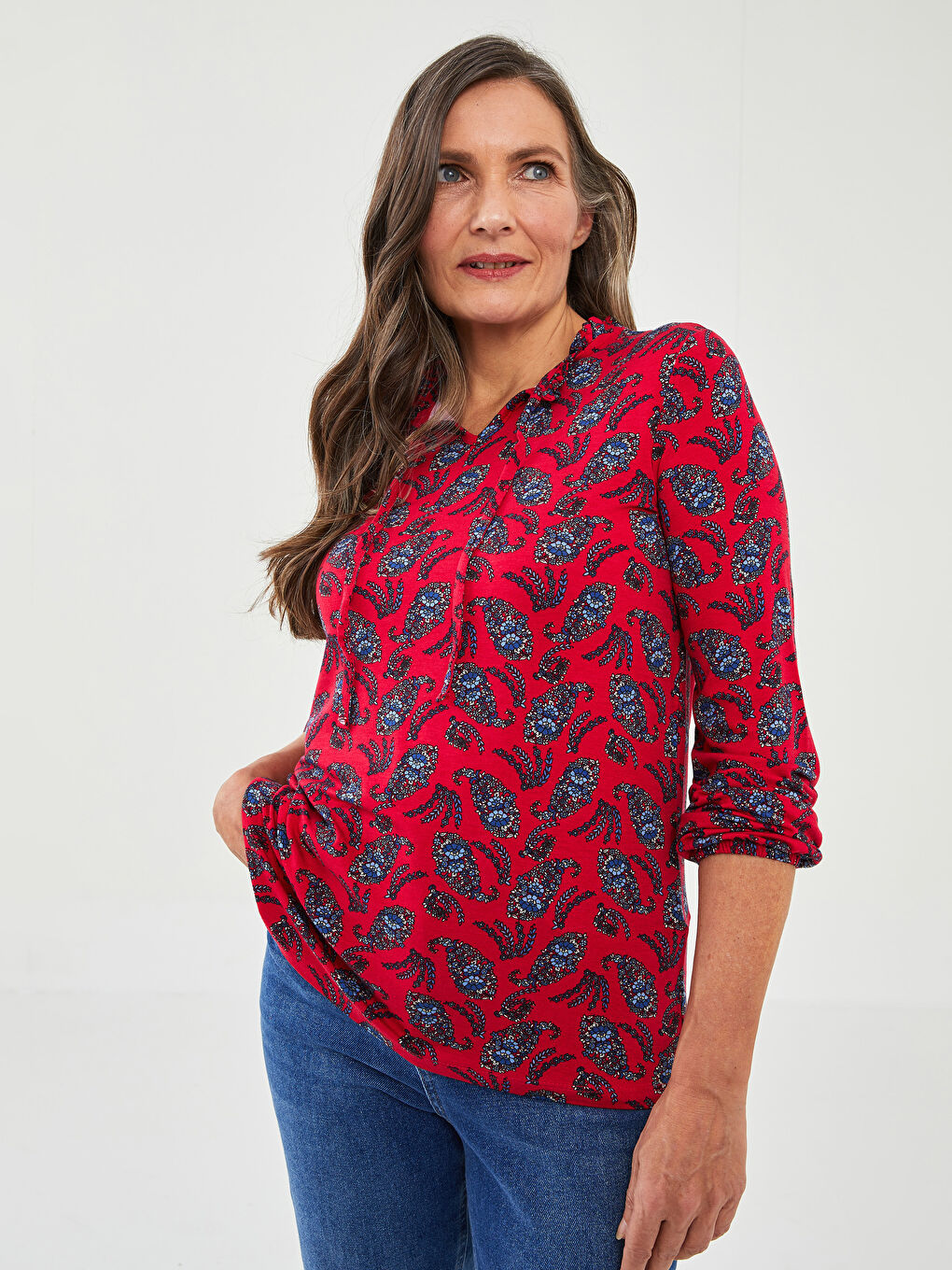 Ruffled Tie Collar Patterned Long Sleeve Women's Blouse