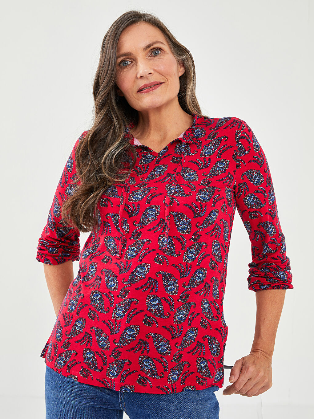 Ruffled Tie Collar Patterned Long Sleeve Women's Blouse-1