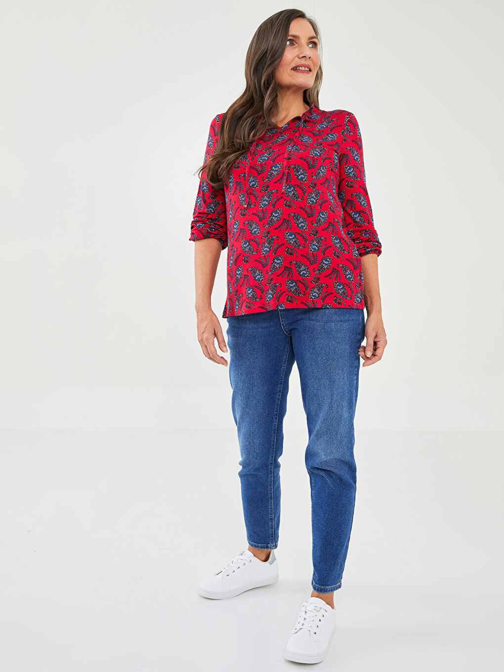 Ruffled Tie Collar Patterned Long Sleeve Women's Blouse-2