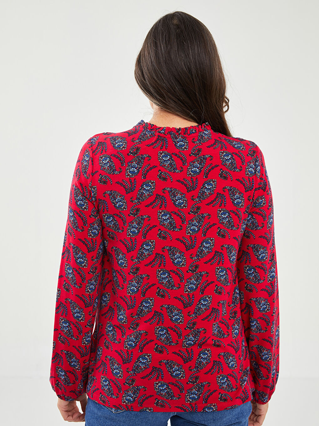Ruffled Tie Collar Patterned Long Sleeve Women's Blouse-4
