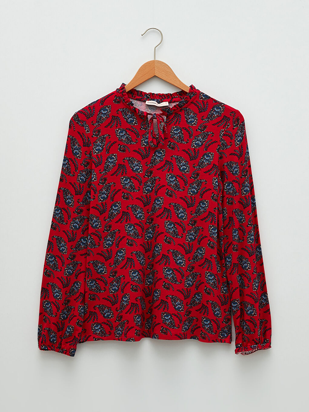 Ruffled Tie Collar Patterned Long Sleeve Women's Blouse-5