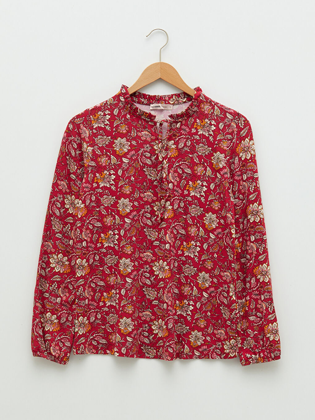Kırmızı Fırfırlı Bağlamalı Yaka Çiçekli Uzun Kollu Kadın Bluz-3