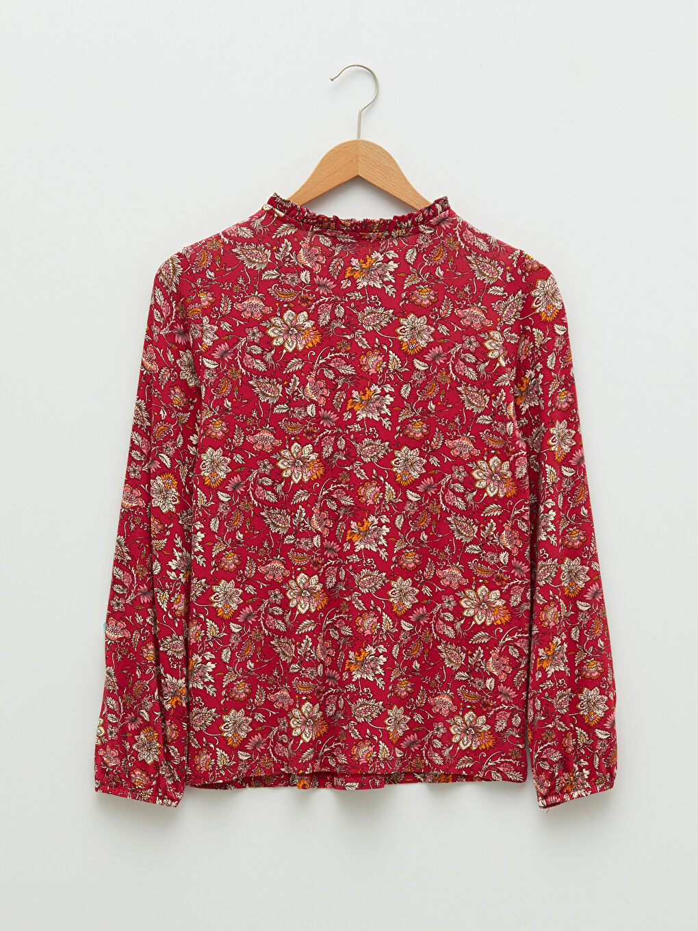 Kırmızı Fırfırlı Bağlamalı Yaka Çiçekli Uzun Kollu Kadın Bluz-4