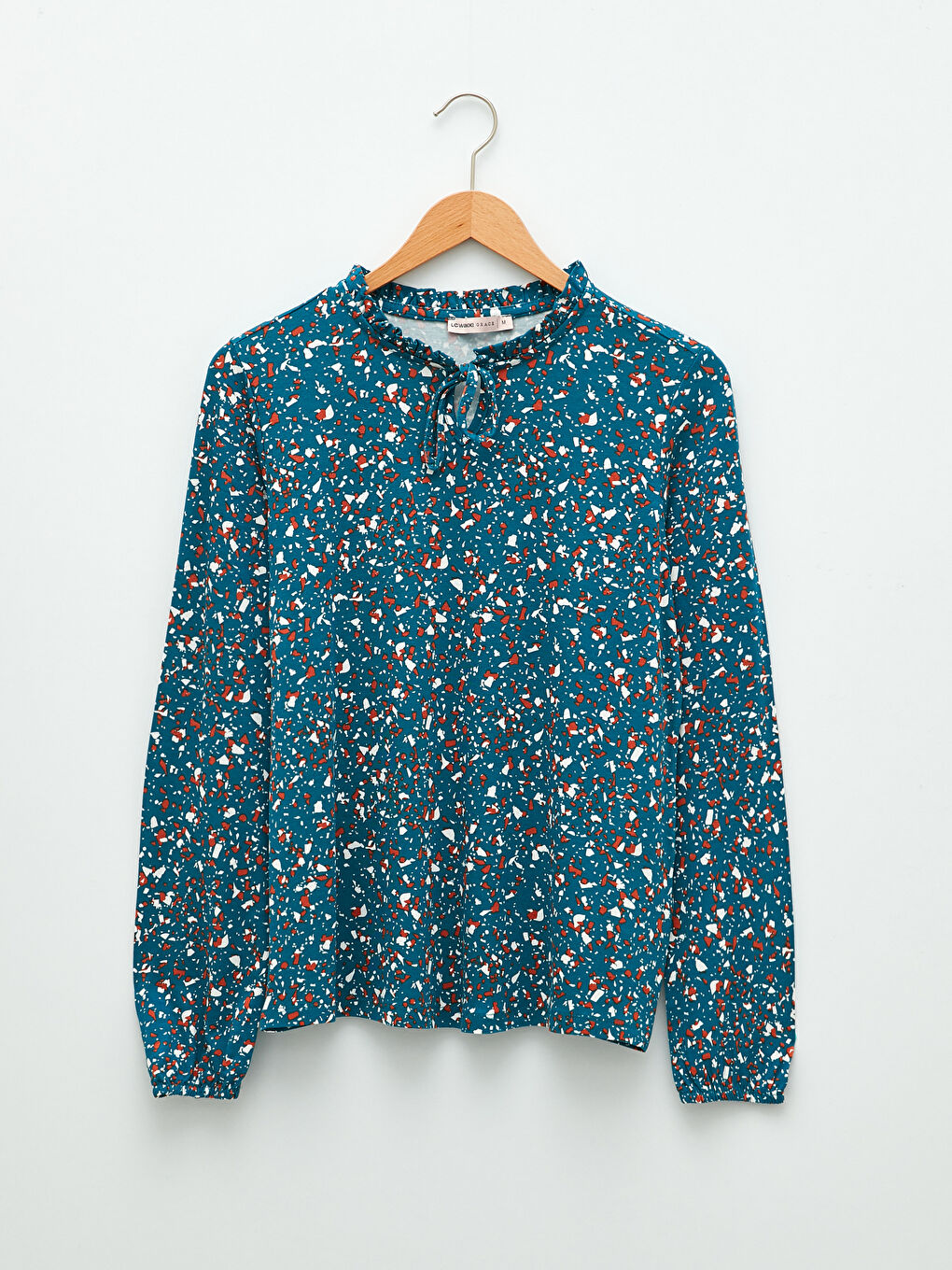 Petrol Fırfırlı Bağlamalı Yaka Desenli Uzun Kollu Kadın Bluz-5