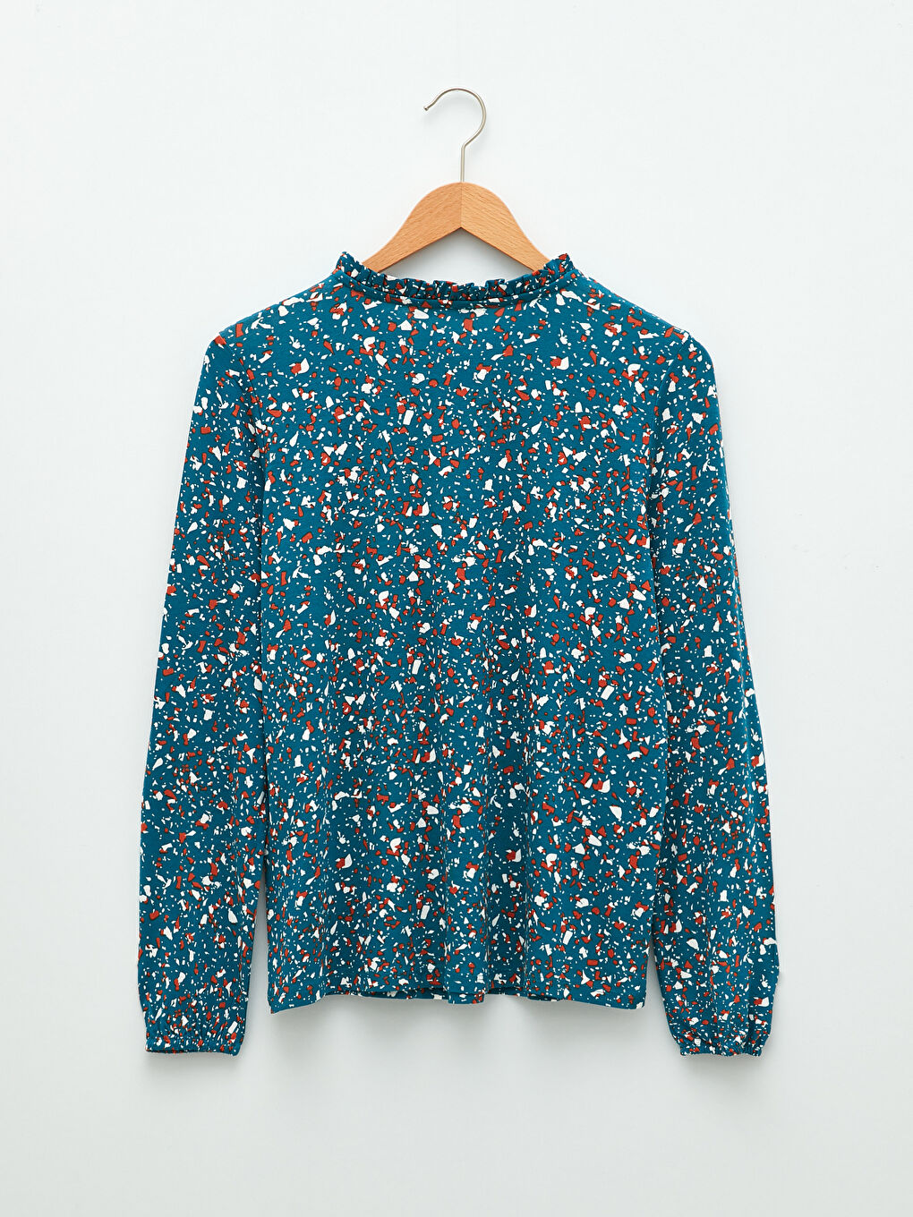Petrol Fırfırlı Bağlamalı Yaka Desenli Uzun Kollu Kadın Bluz-6