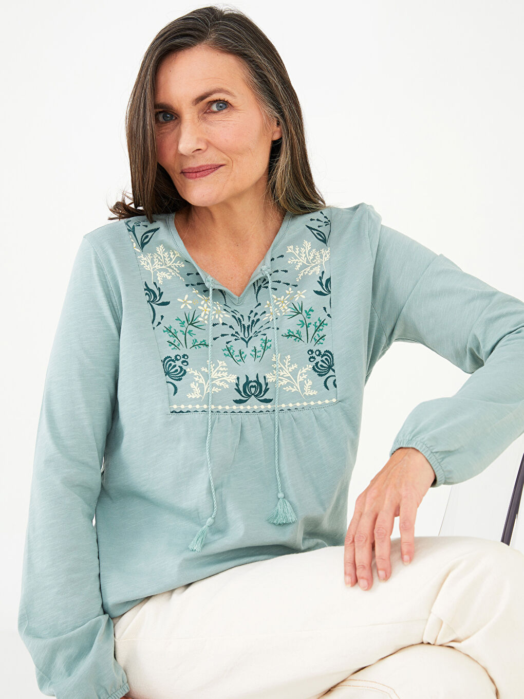 Tie Collar Patterned Long Sleeve Cotton Women's Blouse