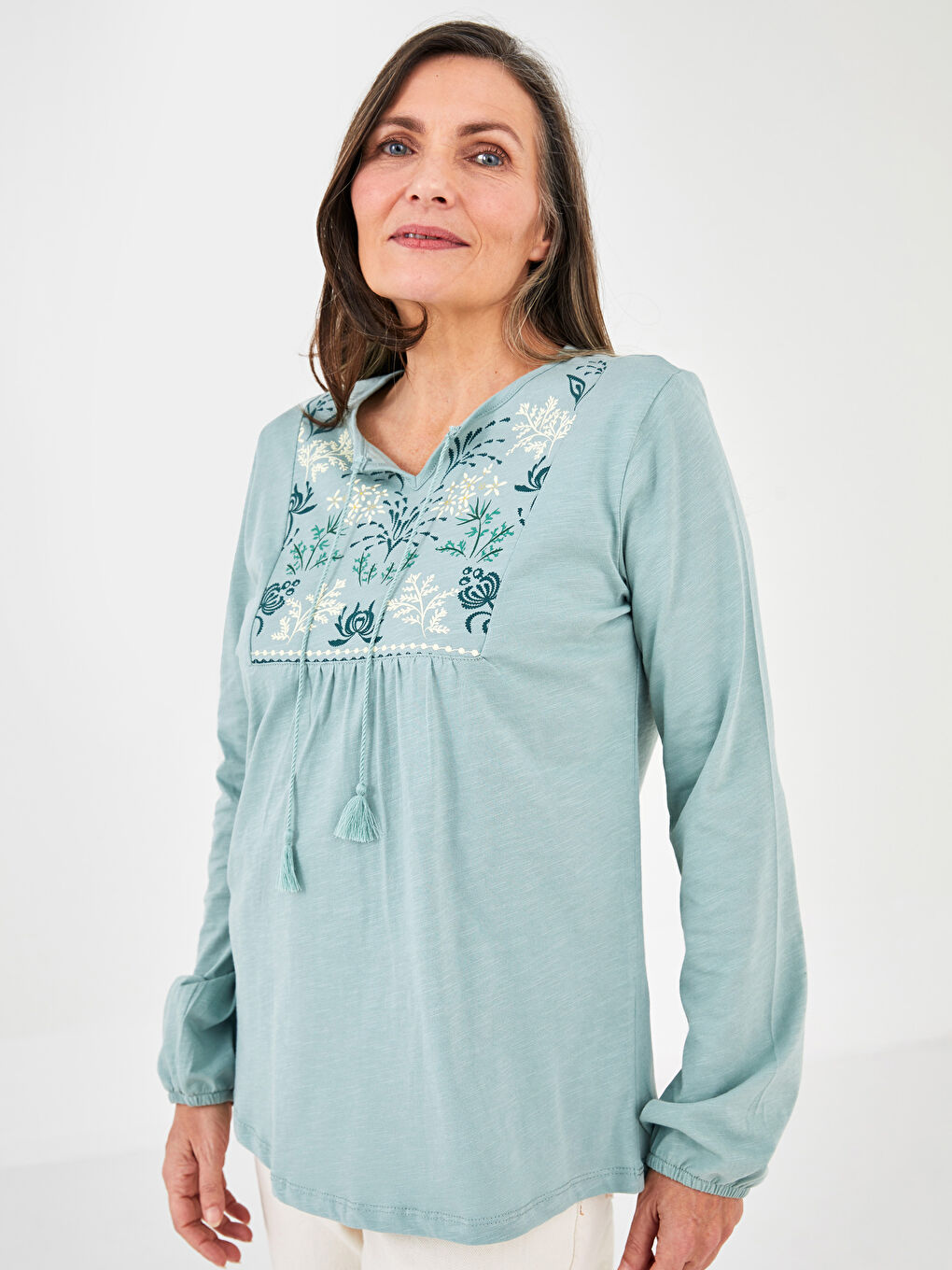 Tie Collar Patterned Long Sleeve Cotton Women's Blouse-1