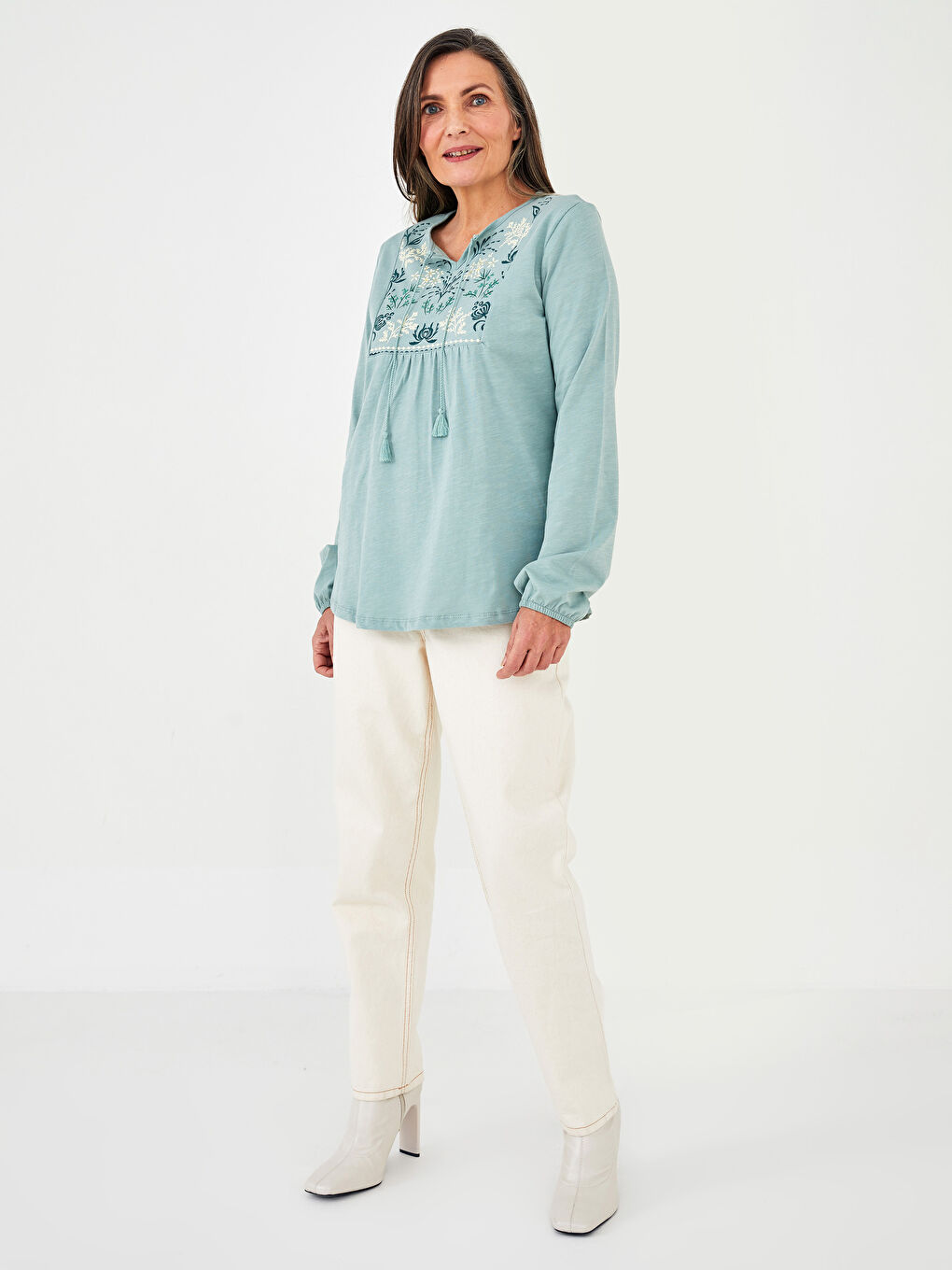 Tie Collar Patterned Long Sleeve Cotton Women's Blouse-2