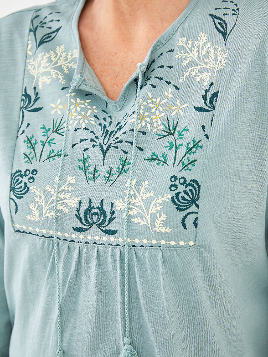 Tie Collar Patterned Long Sleeve Cotton Women's Blouse-3